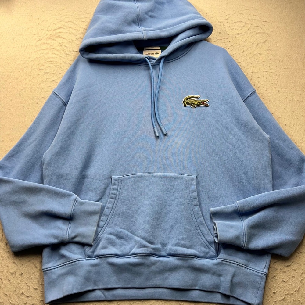 Lacoste Loose Fit Hoodie Light Blue Cotton Crocodile Patch Sweatshirt Mens M